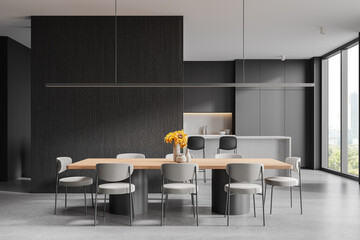 Modern kitchen interior with dining area and large windows. 3D Rendering