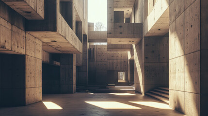stunning view of brutalist university campus featuring massive blocky concrete structures. interplay of light and shadow creates dramatic atmosphere, highlighting architectural details