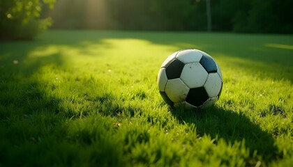 Fototapeta premium Soccer ball on the green grass in the park