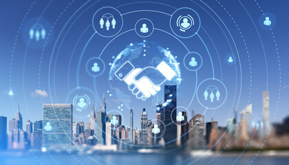 Digital handshake and network icons over modern cityscape background. New York skyline