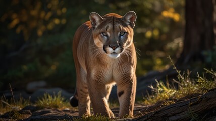 Fototapeta premium a majestic cougar, its piercing eyes, and golden brown fur convey an impression of strength and wildness. The dense undergrowth around the cougar adds mystery and attraction.