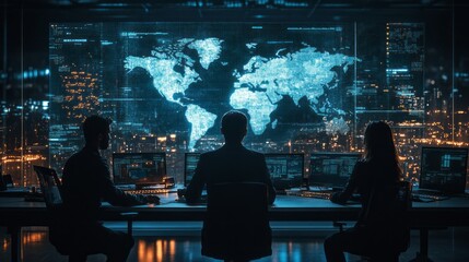Three people are sitting at a desk in front of a computer monitor that shows a m