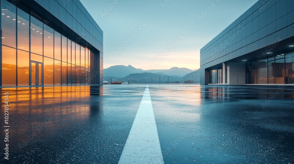 Poster a city street with a white line down the middle and a building in the background
