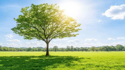 Obraz premium Lush Green Tree in a Bright Sunny Field