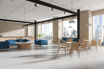 Cafe interior with dining tables and chairs, cooking space and panoramic window