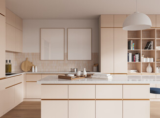 Modern kitchen interior design with light tones and minimalist decor. 3D Rendering