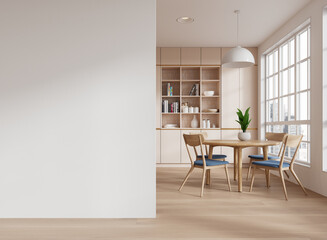 Modern dining area with a blank wall and furniture mockup. 3D Rendering