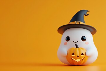 Cute Ghost in Witch Hat with Halloween Pumpkin