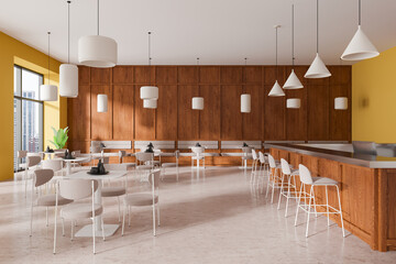 Colored cafe interior with bar island and dining tables with sofa in row