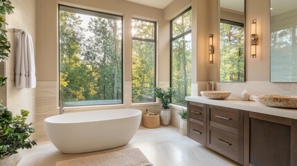 A bright and airy luxury bathroom with natural stone decor, big glass windows, and sleek surfaces.
