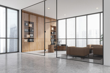 Modern Glass-Walled Office with City View. 3D Rendering