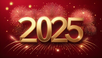 Happy New Year 2025, New Year's Eve firework Sparkler party celebration holiday greeting card with gold year, fireworks and bokeh lights on red background