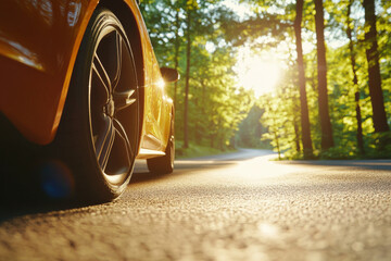 Sunrise drive on a forest road with a vibrant orange car in view