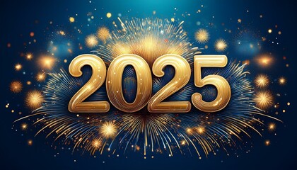 Happy New Year 2025, New Year's Eve firework Sparkler party celebration holiday greeting card with gold year, fireworks and bokeh lights on blue background
