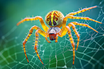 Obraz premium Brightly colored spider weaving its intricate web in a lush green environment