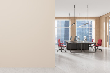 Office mockup with empty wall and workspace setup for modern design. 3D Rendering