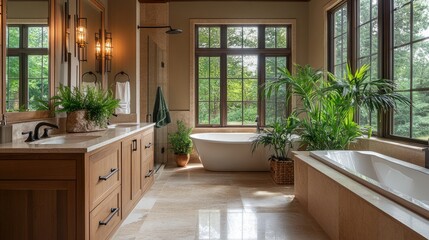 A high-end bathroom with natural wood cabinets, decorative plants, and windows flooding the space with light