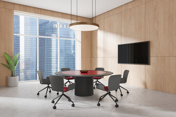 Modern conference room with round table and city view. 3D Rendering
