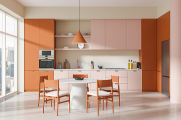 Modern kitchen interior with orange accents and minimalist design. 3D Rendering