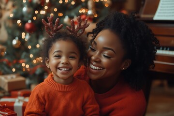 Cheerful African American mother and daughter having fun on Christmas day at home