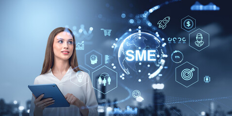 Woman using tablet SME glowing hologram with business management icons