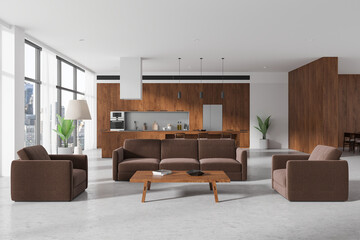 Cozy home interior with relaxing and dining zone, panoramic window