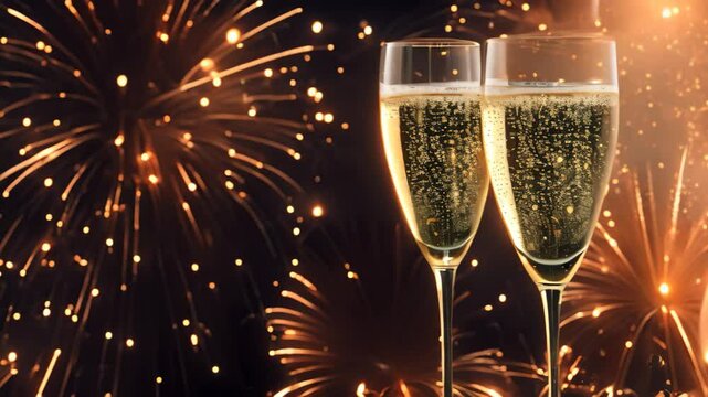 Two champagne flutes clink against a backdrop of dazzling fireworks, Elegant champagne glasses clinking amidst a background of fireworks