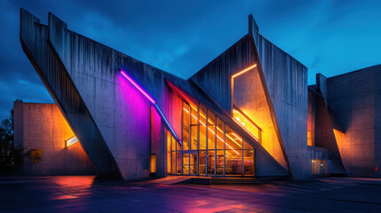 striking brutalist concert hall featuring jagged, angular facade illuminated by vibrant neon...