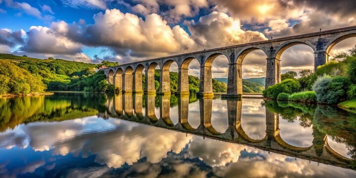 Surreal View of the Calstock Rail Viaduct Over River Tamar in Devon and Cornwall