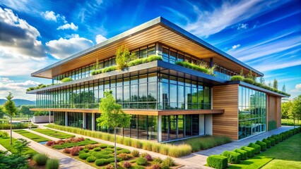 Obraz premium Sustainable Building Exterior with Recycled Materials in High Depth of Field for Eco-Friendly Architecture