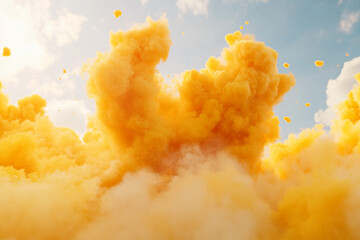 Bright yellow smoke billowing into the sky during outdoor event in daylight
