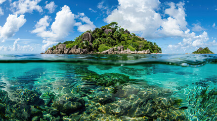 Fototapeta premium stunning tropical island scene featuring lush greenery and rocky formations under bright blue sky. clear turquoise water reveals vibrant coral reefs below, creating serene and picturesque landscape