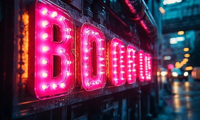 A vibrant neon sign glowing in an urban alleyway at night.