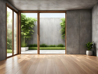 Modern empty room with open door to garden 3d render. The Room. have concrete and wooden plank wall, parquet floor, plants, panoramic window.
