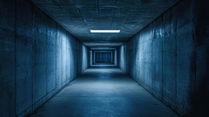 dark, minimalist corridor with concrete walls and bright overhead light creates mysterious atmosphere. stark lines and shadows evoke sense of isolation and intrigue