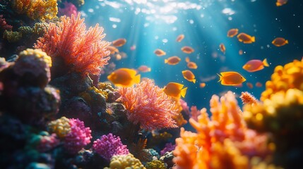 A vibrant coral reef with colorful fish swimming through sunbeams in the clear blue water.