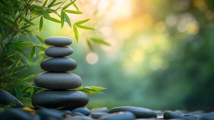 Obraz premium Stacked Stones with a Blurred Background of Green Foliage and Sunlight