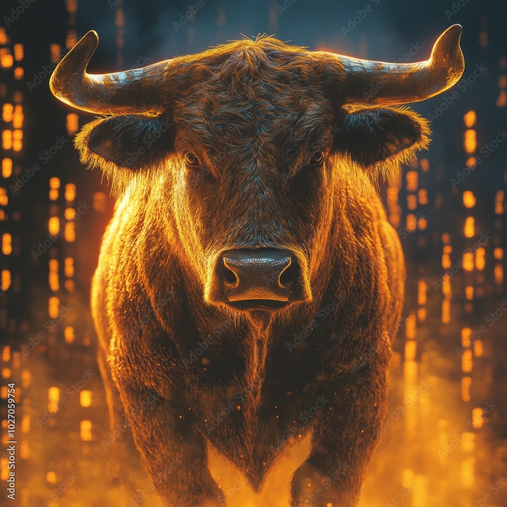 Poster A fierce bull with glowing horns stands against a background of sparkling lights.