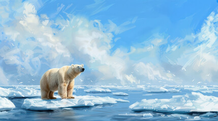 majestic polar bear stands on floating ice floe, surrounded by serene Arctic landscape. bright blue sky and scattered clouds create tranquil atmosphere, highlighting beauty of this remote