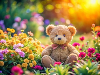 Fototapeta premium Thank You Teddy - Charming Tilt-Shift Photography of a Stuffed Bear Surrounded by Colorful Flowers and Soft Light