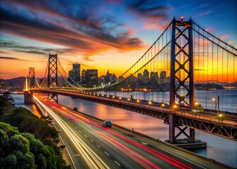 Obraz premium The Bay Bridge glows beautifully at dusk, with streams of evening traffic flowing beneath its majestic arches in the vibrant city of San Francisco.
