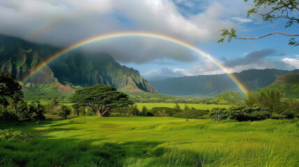 Obraz premium stunning landscape featuring vibrant rainbow arching over lush green fields and majestic mountains. scene captures beauty of nature, evoking sense of tranquility and wonder