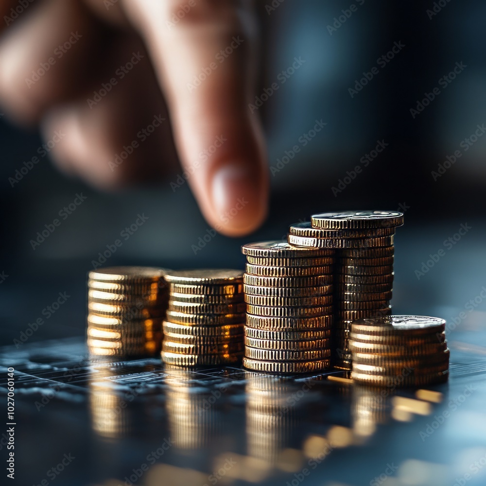 Sticker A finger points at a stack of gold coins, symbolizing financial growth and prosperity.