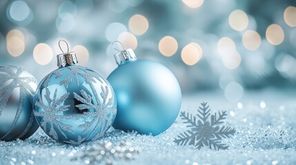 Blue Christmas Ornaments on a Light Blurred Background.