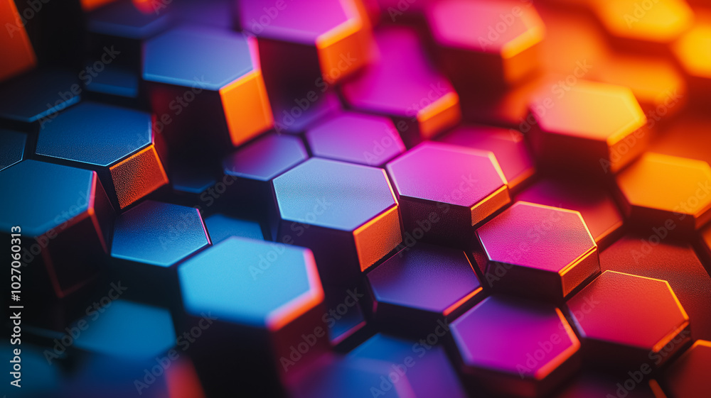 Poster a colorful image of hexagonal shapes that are all different sizes and colors. the image has a futuri