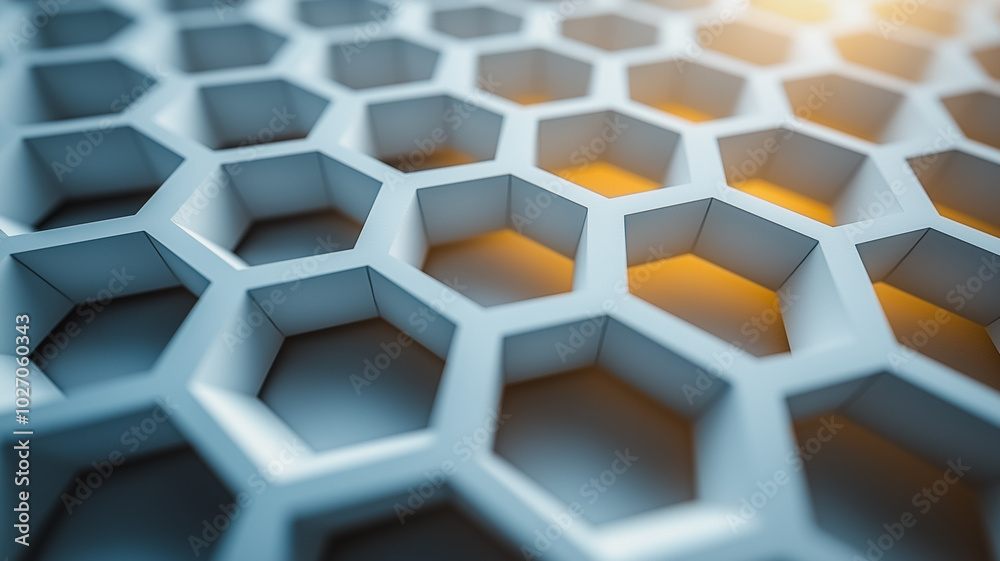 Poster a close up of a hexagonal pattern with a yellow hue. the pattern is made up of white squares