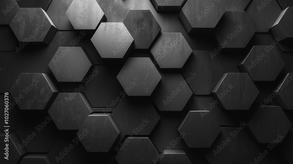 Poster a black and white image of hexagonal shapes. the image is abstract and has a modern, futuristic feel