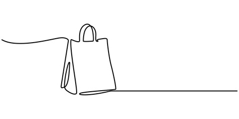 Continuous one line drawing of shopping bag. Simple one line art paper bag vector illustration, Shopping bag one line continuous. Shopping bag line art. Hand drawn vector art, Continuous Line Drawing