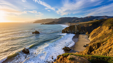 Breathtaking coastal landscape featuring cliffs, sandy beach, and waves crashing against shore under vibrant sunset sky. serene atmosphere invites relaxation and reflection