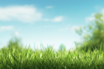 Fototapeta premium Lush green grass under a clear blue sky on a sunny day in a serene landscape